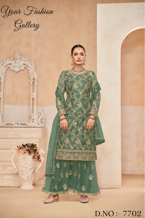 Pink & Green Embroidered Pakistani Wedding Dress: Butterfly Net Salwar Kameez