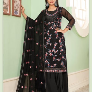 Women Wear Designer Outfits Clothing Salwar Kameez Dupatta Dress Embroidery Multi Thread Work Party Wear Designer Sharara Palazzo Dress Black