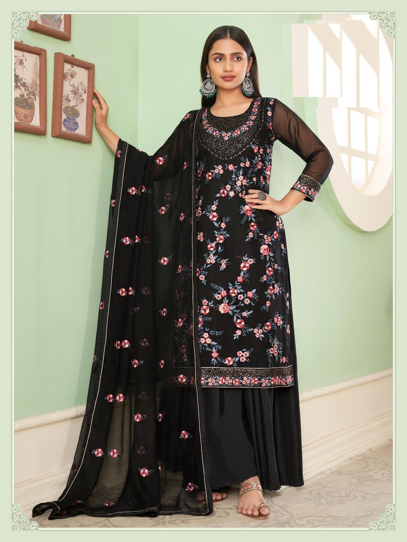 Women Wear Designer Outfits Clothing Salwar Kameez Dupatta Dress Embroidery Multi Thread Work Party Wear Designer Sharara Palazzo Dress Black