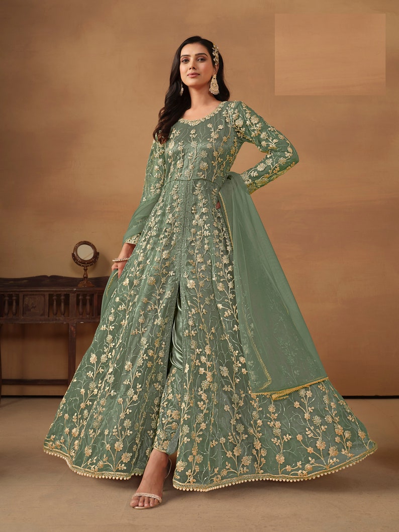 Floor Touch Anarkali Gown Suits Indian Pakistani Wedding Party Wear Sequence Work Beautiful Ready Made Designer Long Anarkali Dupatta Dress image 6