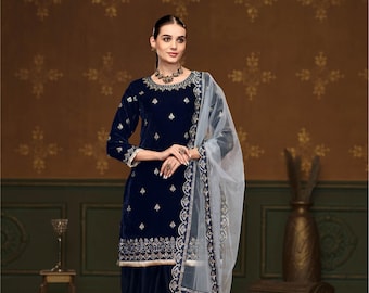 Salwar Kameez de terciopelo bordado: traje patiala indio, ropa de boda