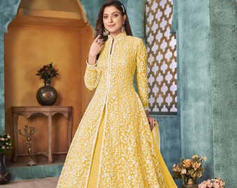 Marvelous Yellow Color Party Wear Designer Slit Anarkali Dress Ready Made Heavy Embroidery Work Pakistani Reception wear Anarkali Gown Suit