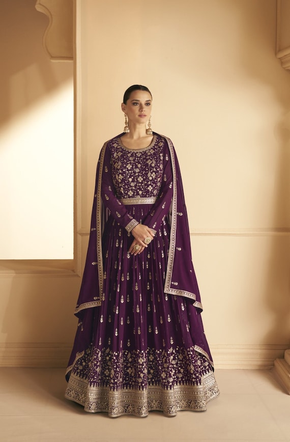 Wine Color Designer Floor Touch Anarkali Gown Suit Embroidery Work