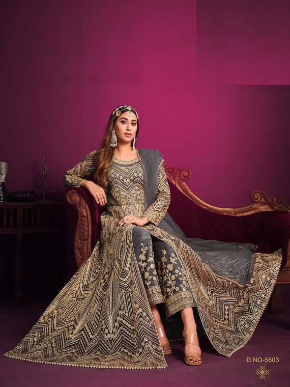 Grey Net Floor Length Gown Style Anarkali Suit - Salwar Kameez Designer  Collection