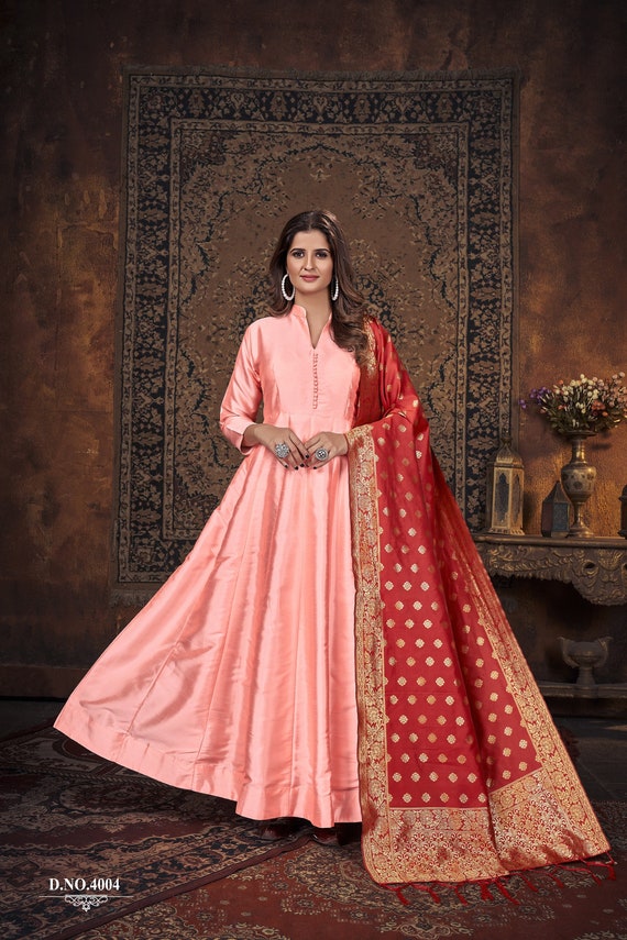 Buy Enthralling Baby Pink Silk Festive Gown | Inddus.com.