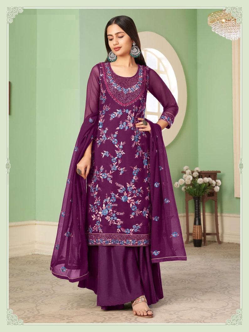 Women Wear Designer Outfits Clothing Salwar Kameez Dupatta Dress Embroidery Multi Thread Work Party Wear Designer Sharara Palazzo Dress image 5