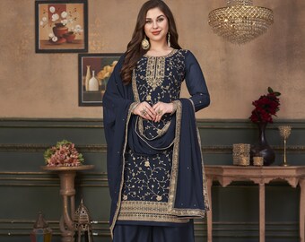 Blue Color Ethnic Wear Designer Salwar Kameez Plazzo Suits Pakistani Indian Traditional Wear Ready Made Embroidery Worked Dupatta Dresses
