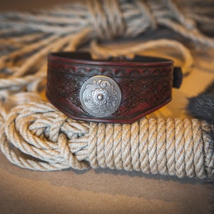 Exquisitely Hand-Tooled Leatherwork Choker with Silver Medallion