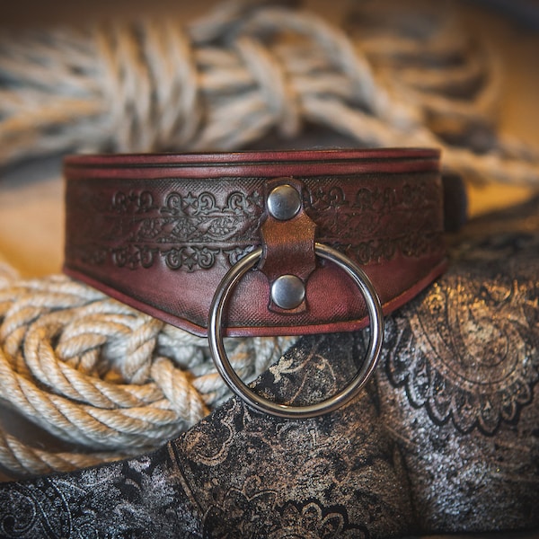 Gorgeous Mahogany Leather Collar with XL Ring • Artisan Made in California