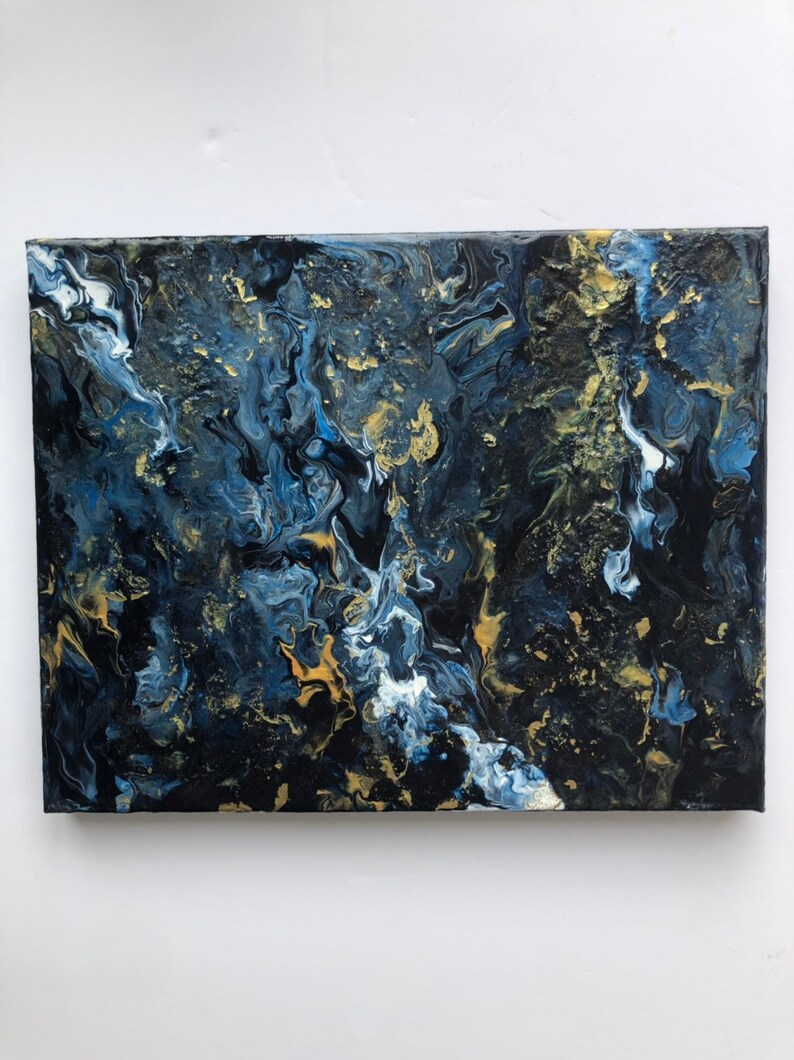 Original Abstract Fluid Painting Marble Wall Art Navy and Gold Etsy UK