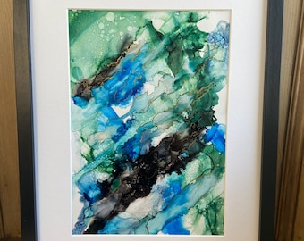 Peinture d’art fluide abstraite originale - A4 - Vert, Noir, Bleu et Or