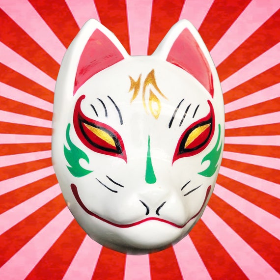 Japanese Kitsune Mask White and Red, Full Face Kitsune Mask