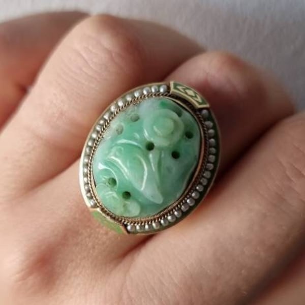 Vintage Apple Jade  Enamel and Seed Pearl Statement Ring | 14 ct Yellow Gold | Size I 3/4 / 4.75 / 48 | Layaway Available