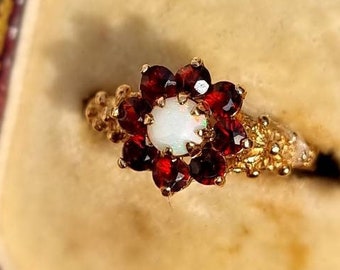 Rich Garnet and Opal Cluster Ring | Layaway & Resizing Available | Size UK M 1/2 / EU 53 / US 6.5 | Layaway and Resizing Available