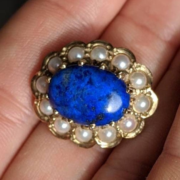 Stunning Solid 9 ct Gold Brooch Pin | Lapis and Pearl Halo |