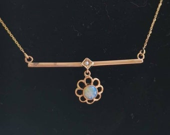 Victorian Opal & Seed Pearl Bar Necklace | Solid 9 ct Gold | Brooch Conversion | Art Deco Necklace