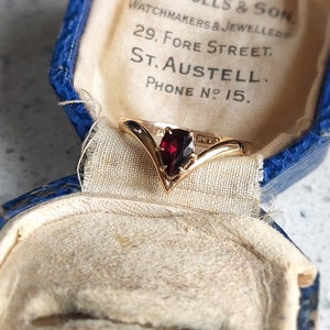 Vintage Solid Yellow Gold and Garnet Wishbone Ring | Full British Hallmarks | Size 6.5 US M 1/2 UK 53.5 Eu | Layaway & Resizing Available