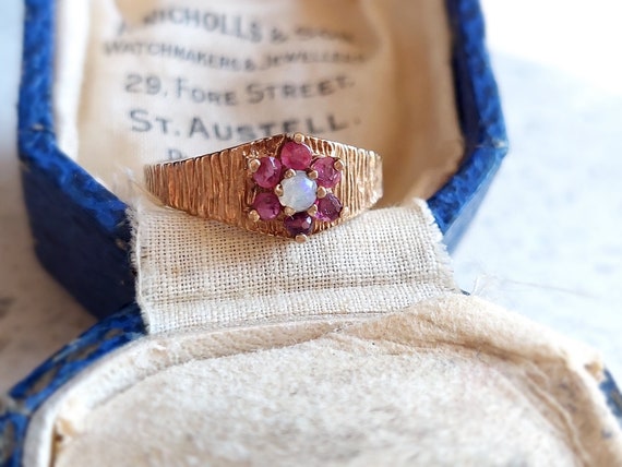 Vintage Pink Ruby and Opal Daisy Cluster Ring | S… - image 2