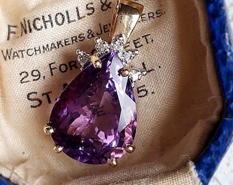 Large Vintage Amethyst and Diamond Statement Pendant | Solid 10 ct Yellow Gold | Layaway Available