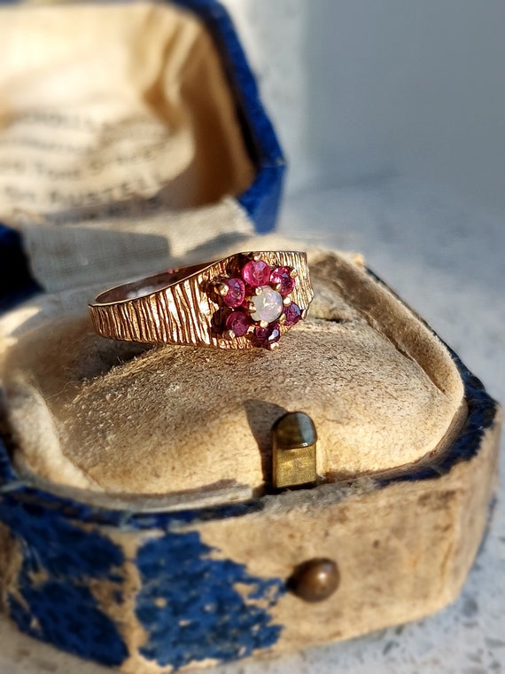 Vintage Pink Ruby and Opal Daisy Cluster Ring | S… - image 8