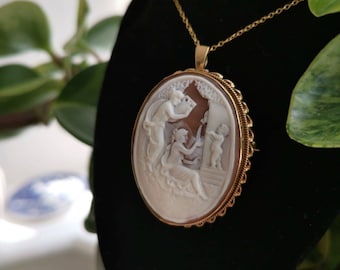 Victorian Scenic Cameo Pin Pendant | Shell Cameo Brooch | Large Pendant