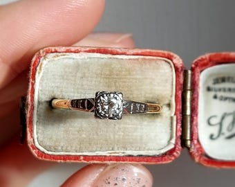 Vintage Diamond Solitaire Ring | Solid 18 ct Yellow Gold + Platinum| Size US 9 UK R 1/2 EU 60 | Layaway & Resizing Available | Engagement