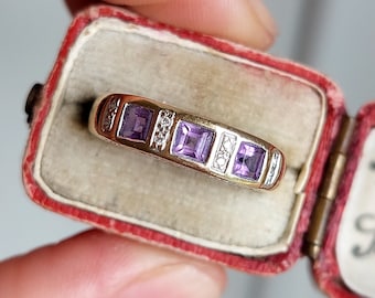 Vintage Amethyst & Diamond Ring | Solid 9 ct Yellow and White Gold | Size UK N 1/4 US 7 Eu 55 | Layaway and Resizing | Fully Hallmarked