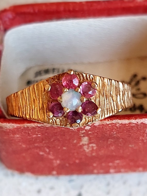 Vintage Pink Ruby and Opal Daisy Cluster Ring | S… - image 6
