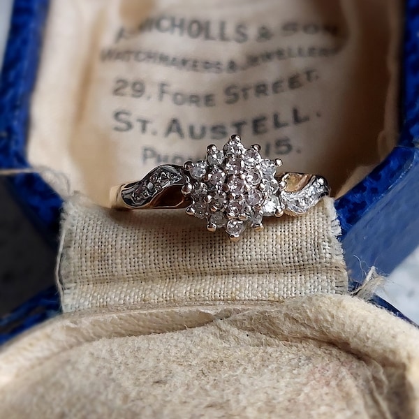 Vintage Diamond Flower Cluster Ring | Solid 9 ct Yellow Gold | Size UK L 1/2 / US 6 / Eu 52 | Resizing and Layaway Available |