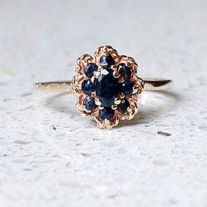 Vintage 1980s Solid 9 ct Gold Sapphire Cluster Ring | Size US 8.5 UK Q 1/2 Eu 59 | Layaway & Resizing Available