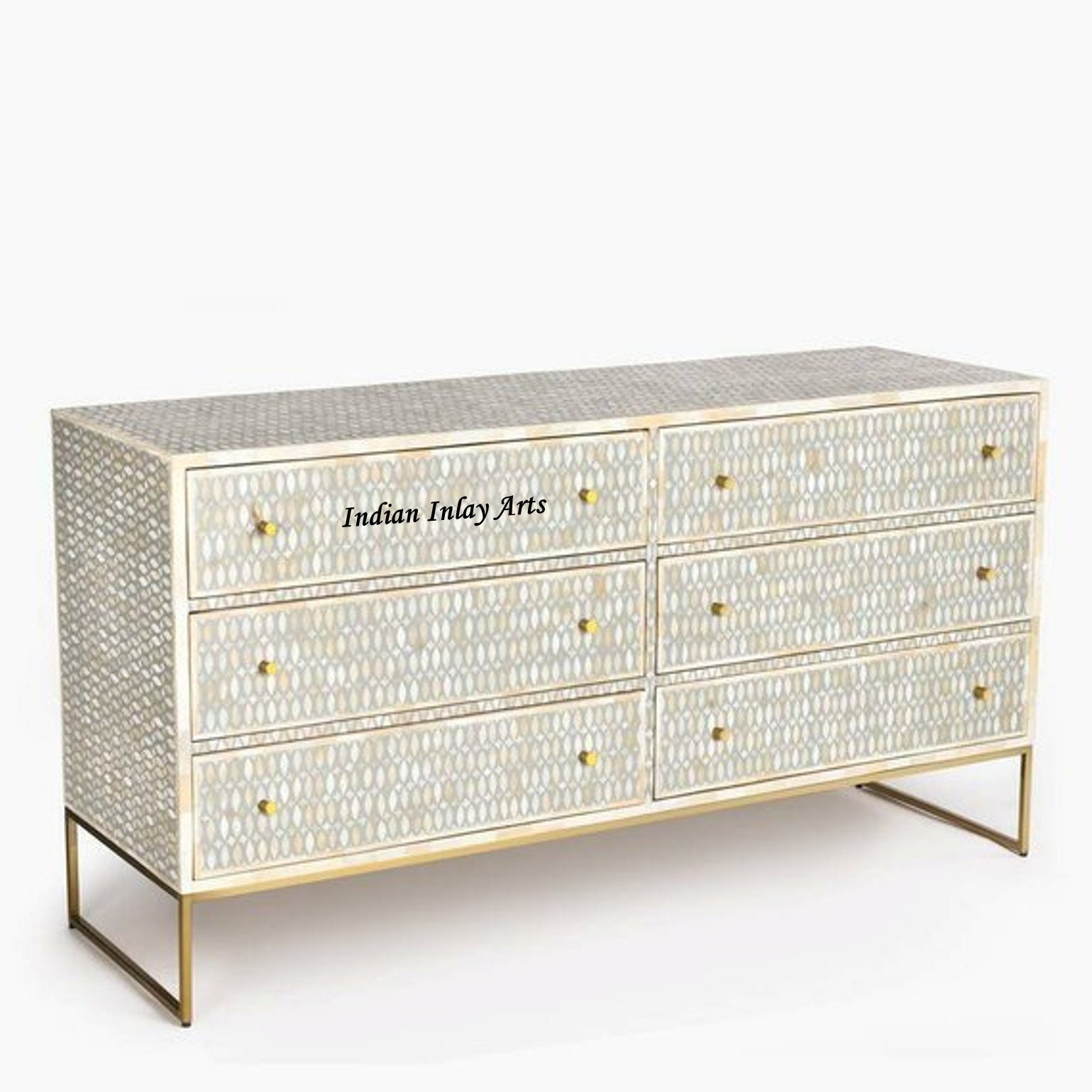 Bone Inlay Chest Of 6 Drawers Leaf Design In White Color With Free
