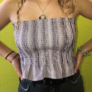 Cropped Purple Striped Smocked Tube Top with Ruffle Detail, Purple Striped Tube Top, Stretchy Tube Top, Purple Striped Tube Top