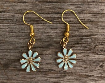 Blue Flower Earrings | Dangly Earrings, Flower Earrings, Charm Earrings, Gold Earrings, Gold Dangly Earrings, Gold Flower Earrings