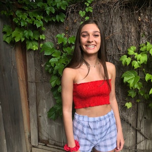 Cropped Red Batik Smocked Tube Top, Stretchy Tube Top, Smocked Tube Top, Red Tube Top, Batik Tube Top, Shirred Tube Top, Cute Tube Top