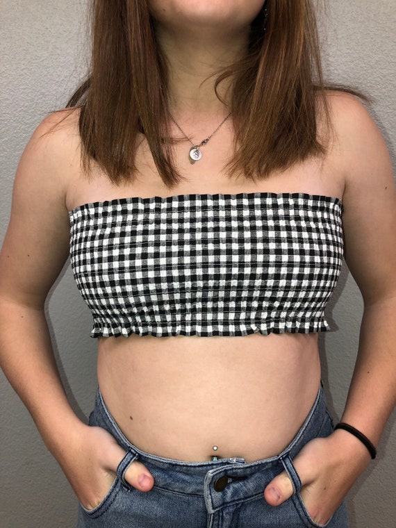 Black and White Gingham Smocked Bandeau Top, Stretchy Bandeau Top,black and  White Tube Top, Gingham Bandeau, Black and White Tube Top 