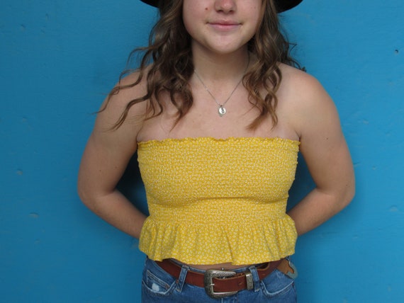 yellow smocked tube top