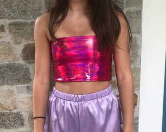 Holographic Pink Rave Top Pink Tube Top Pink Tailgate Top - Etsy