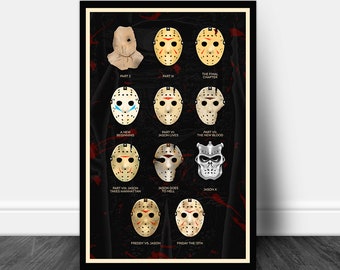 JASON VOORHEES: Friday The 13th, Every Mask Poster, Evolution of Jason Voorhees Quality Wall Art Home Decor Horror Movie