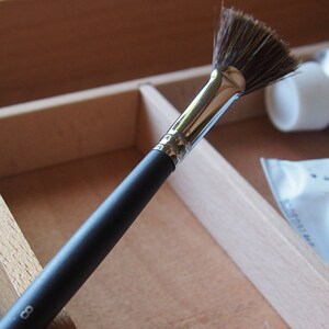 May include: A black handled fan brush with silver ferrule and natural bristles. The brush is in a wooden box.