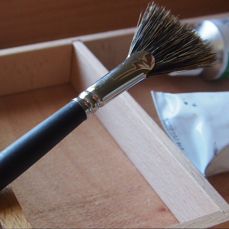 May include: A black handled fan brush with natural bristles. The brush is in a wooden box with a white tube of paint.