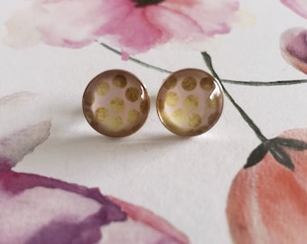 Cabochon stud earrings made of sterling silver (10 mm): motif "golden dots"
