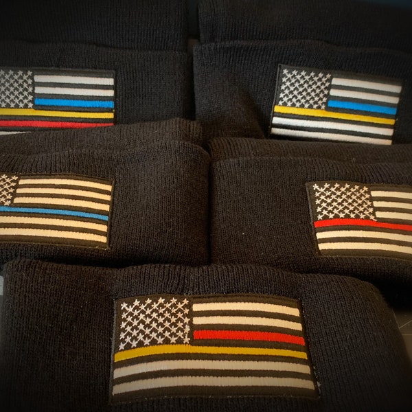 American flag beanie, Thin blue line beanie, Thin yellow line, Thin red line beanie, Thin red line, Thin blue line, 911 dispatcher