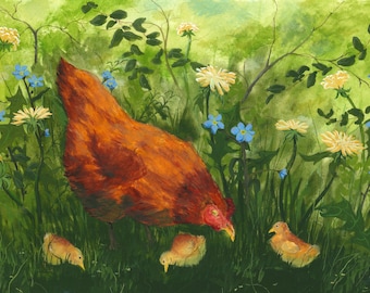 May include: A painting of a brown hen foraging in a lush green meadow filled with yellow dandelion-like flowers and small blue blossoms. Three small, light yellow chicks are positioned near the hen in the tall green grass.