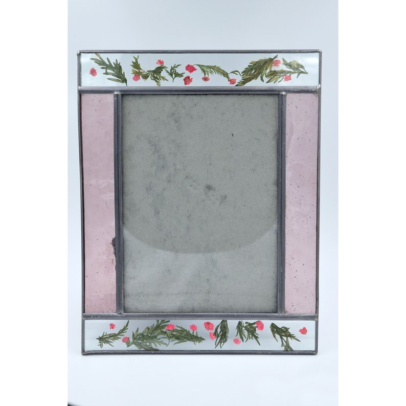 CARR Vintage Stained Glass Photo Frame Easel Back Pressed Dried Flowers and Leaves 8x10 5x7