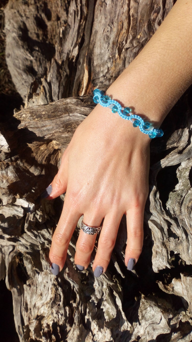 Glass beads blue white Wave shaped Elfic jewelry Blue Crystal wavy bracelet Micromacrame jewelry Bohemian boho. Friendship gift idea