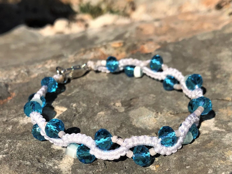 Glass beads blue white Wave shaped Elfic jewelry Blue Crystal wavy bracelet Micromacrame jewelry Bohemian boho. Friendship gift idea