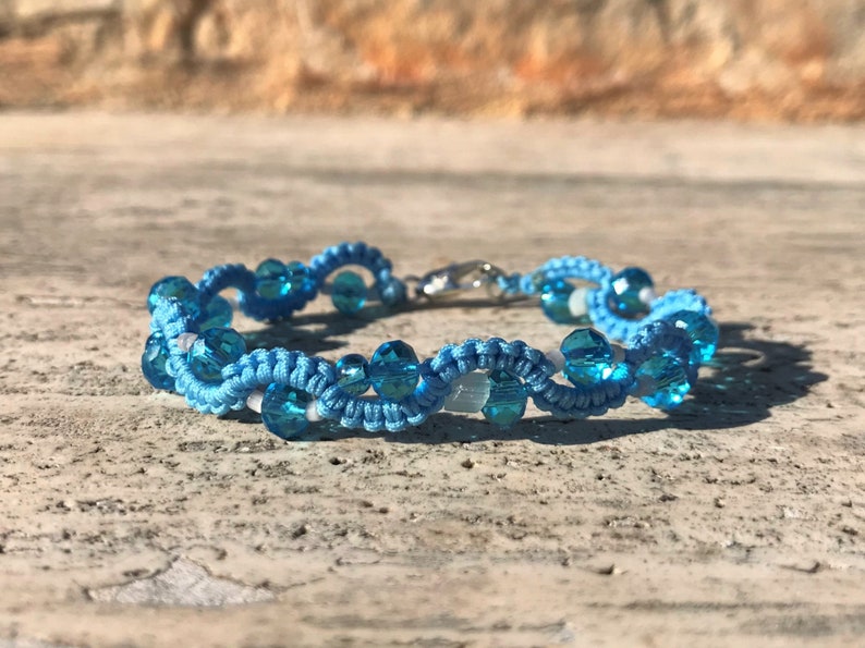 Glass beads blue white Wave shaped Elfic jewelry Blue Crystal wavy bracelet Micromacrame jewelry Bohemian boho. Friendship gift idea