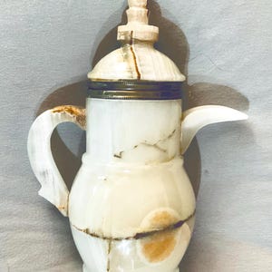 Onyx Tea Pot, Carved White & Brown, 9.25”H