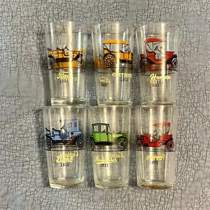5” Antique Car Glasses, Choice, 10 Ounces Decorated with Antique Cars