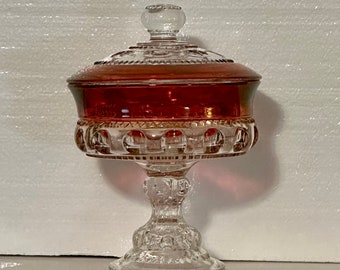 Tiffin-Franciscan Compote/Lid King's Crown-Cranberry Flashed, 7.5"H